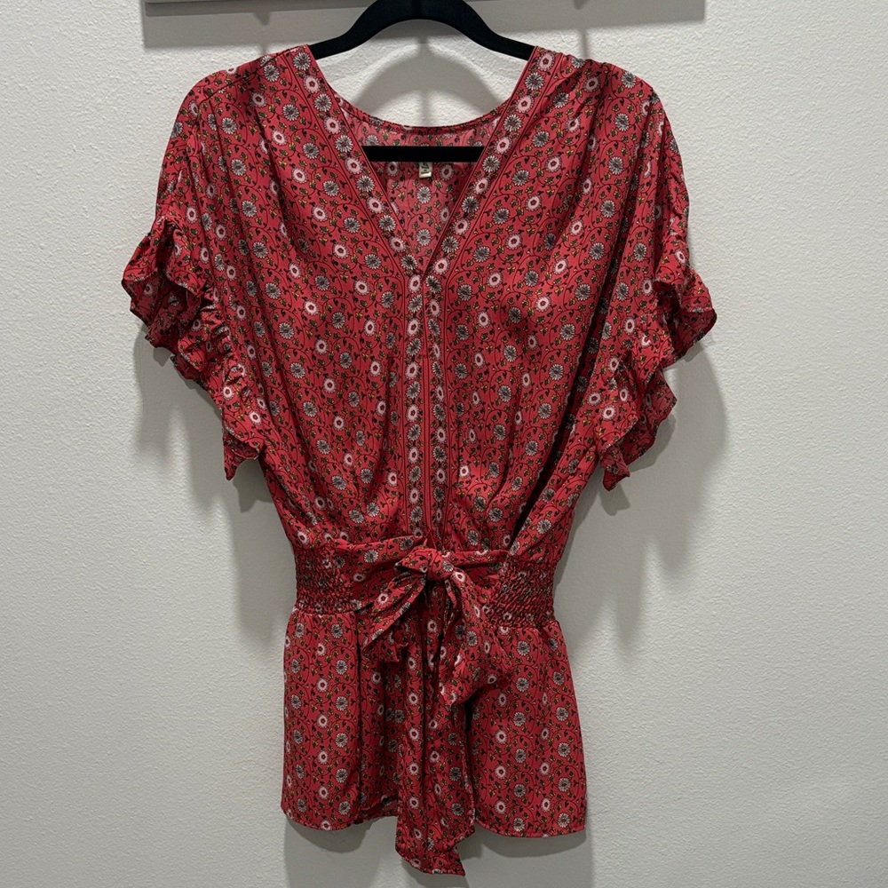 Max Studio Crimson Floral Blouse with Ruffle Sleeves